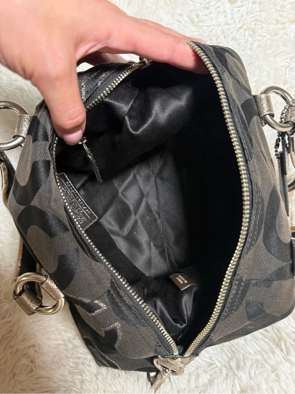Coach Poppy Y2K Black Metallic Silver Glam Signature Canvas Tote Shoulder Bag